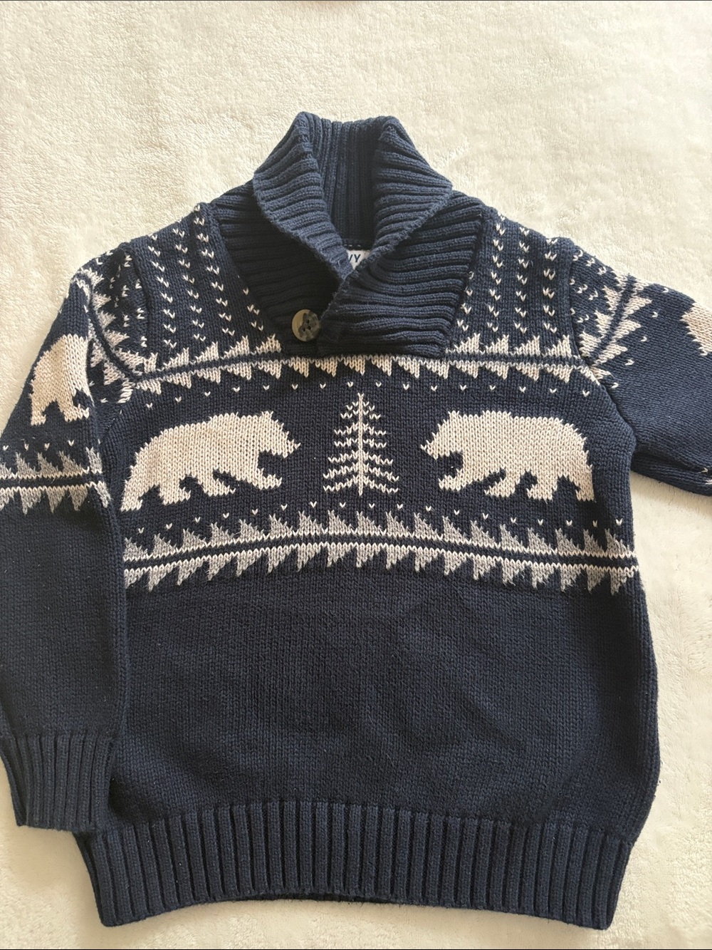 Toddler Navy Shawl Collar Bear Fair Isle Sweater